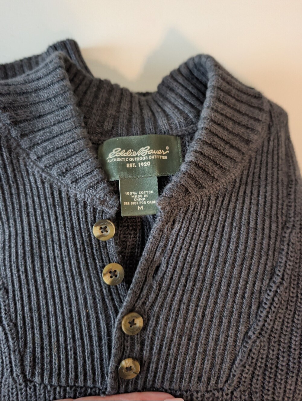 Eddie Bauer Men's Cotton Pullover Sweater Half Button Gray Striped Medium